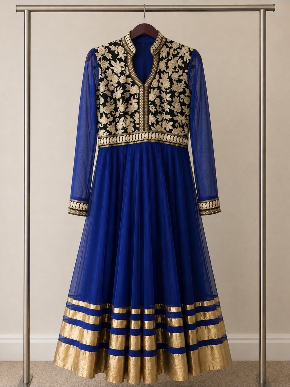 Royal Blue Gold Embroidered Anarkali Gown Indian Formal Dress Approx US 8-10
